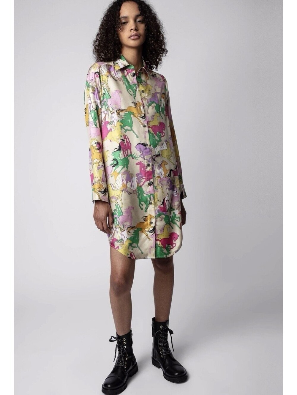 Zadig & Voltaire Rais Twill Horses Silk Dress M Beige Multi Shirt Tunic Boho